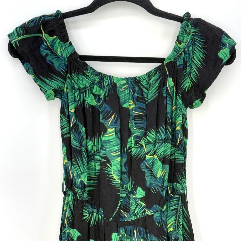 GUESS Tropical Palm Leaf Off Shoulder Smocked Boho Party Mini Dress XS NWT‎ Vaca